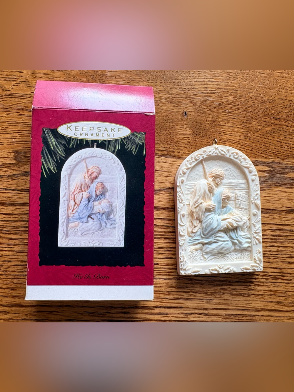 VTG Hallmark Keepsake 1993 Cream Relief Plaque Nativity “He is Born” Ornament
